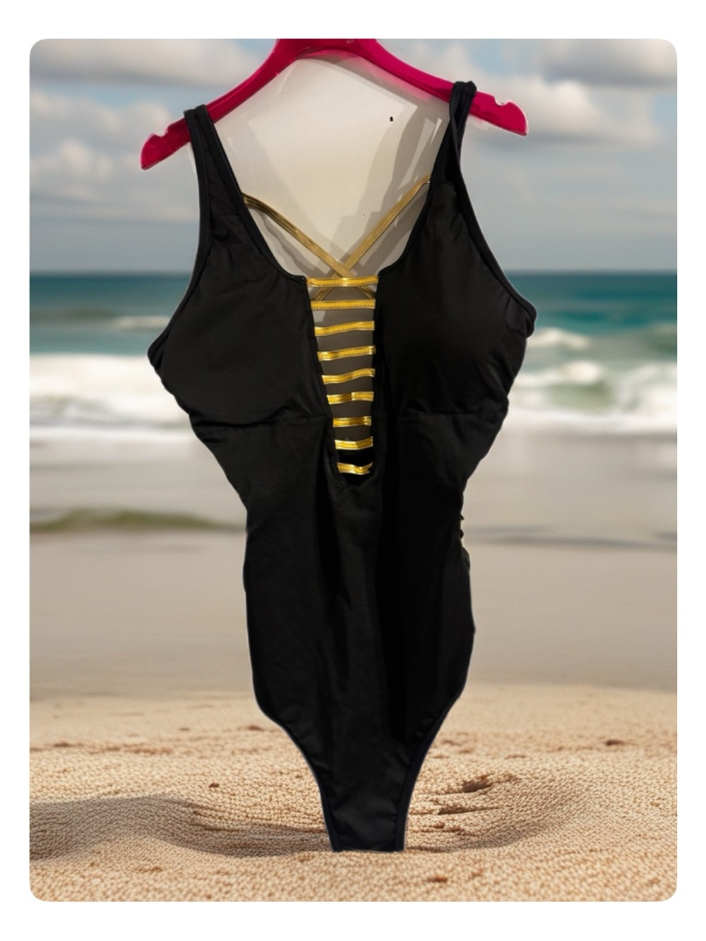 Black One-Piece Womens Swimsuit with Gold Ladder Front